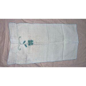 Vintage White Linen Embroidered Tea Towel With Blue Floral Design 27"x14.5"